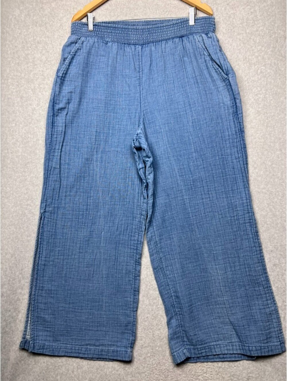 Aerie Cotton Gauze Pants XL Blue Wide Leg Side Slit Smocked Coastal Beach PullOn